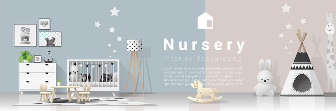 Interior background with modern baby bedroom , vector , illustration