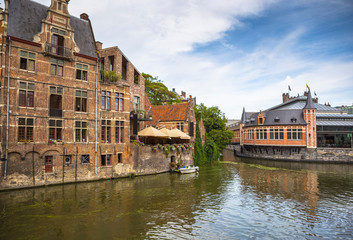 Historic buildings next to the river in the Ghent city center, Belgium