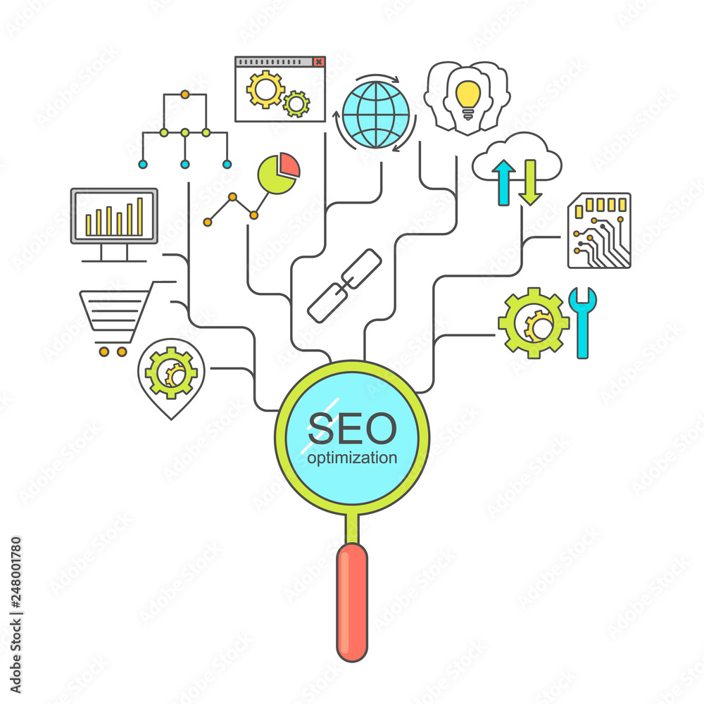 Poster vector seo and development pattern with linear icons. line style optimization and internet technolog
