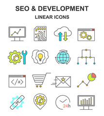 Vector SEO and development linear icons set. Line style optimization and internet technology symbols.