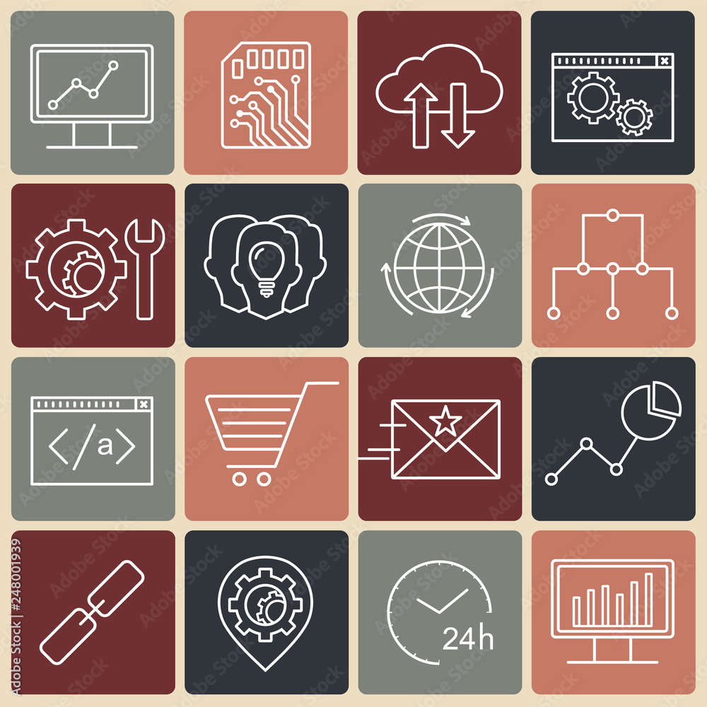 Poster vector seo and development linear icons set. line style optimization and internet technology symbols