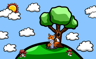 Small Hill Background With a Happy Fox