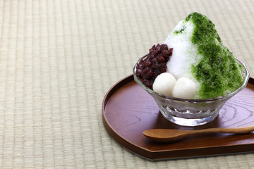 ujikintoki kakigori, japanese shaved ice with matcha green tea syrup and azuki red beans jam...