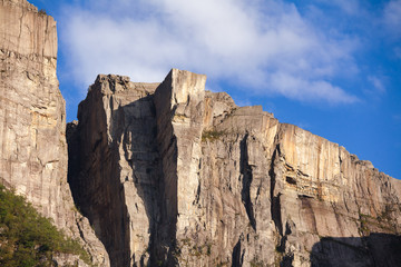 Preikestolen steep cliff major tourist attraction at Lysefjord Forsand Rogaland Norway Scandinavia