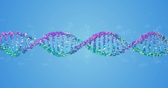 DNA helix strand - 3D render of a looping dna made of particles with amino acid graphs floating around on blue background