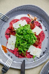 upper view of carpaccio meat