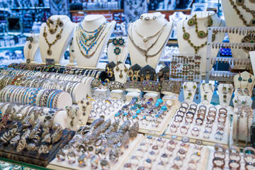 stall selling silver jewelry  in the Istanbul bazaar in Turkey