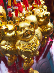 2019 is year of the pig, close up golden piggy hanger