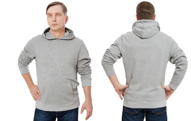 Happy man in template mens hoodie sweatshirt isolated on white background. Man in blank sweatshirt hoody with copy space and mockup for design logo print, Front and back view. Middle age man