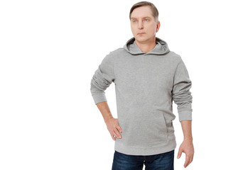 Template mens hoodie sweatshirt long sleeve isolated on white background. Man in blank sweatshirt hoody with copy space and mockup for design logo print, Front view. Middle age man