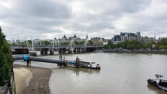Charing Cross station, Hungerford Bridge, river Thames, Festival Pier, day time. London, UK.