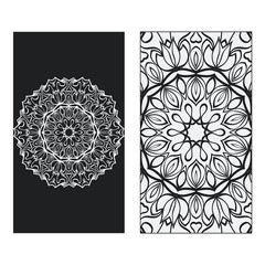 two Yoga card, flyer, poster. Template with mandala for spiritual retreat or yoga studio. Business cards, oriental pattern. Vector illustration. Islam, arabic, indian, ottoman motifs. Black, white
