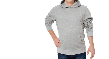 Man in gray sweatshirt template isolated. Male sweatshirts set with mockup and copy space. Hoody design. Hoodie front cropped image view. Closeup