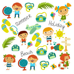 Beach and children. Summer vacation. Ocean, sea. Cartoon kids swimming.