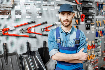 Portrait of a handsome worker in uniform standing in the shop with garden equipment on the...