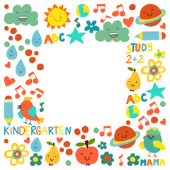 Kindergarten pattern for little children. Cute icons and characters for kids.