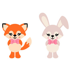 cartoon cute bunny and fox with tie vector