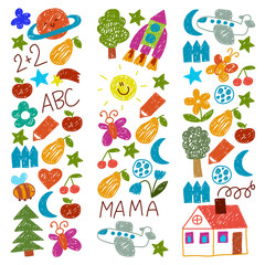 Kindergarten pattern for little children. Cute icons and characters for kids. Rocket, space, moon.