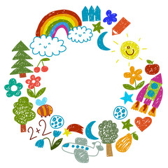 Kindergarten pattern for little children. Cute icons and characters for kids. Rocket, space, moon.