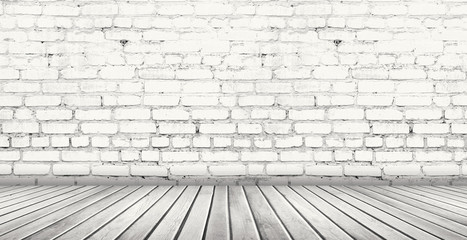 Background of empty white brick old wall, wooden floor