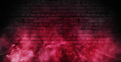 Background of empty brick old wall, spotlight, neon light, smoke