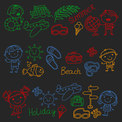 Vector pattern with children icons. Summer vacation at seashore, sea, ocean, beach. Small kids having fun.