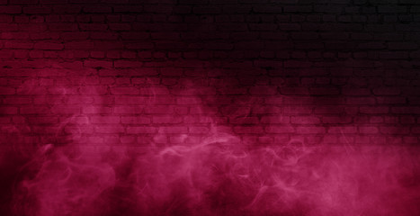Background of empty brick old wall, spotlight, neon light, smoke
