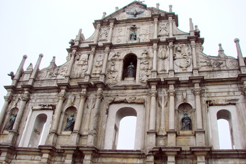 Fototapeta premium Panorama of ancient buildings of the Asian metropolis of the era of Portuguese domination in the background of the cloudy spring sky.