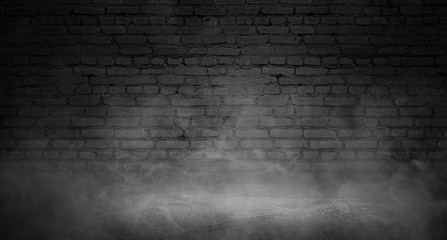 Background of empty brick old wall, spotlight, neon light, smoke
