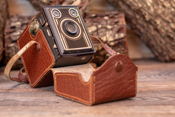 Close up shot of a antique photography film camera, vintage concept.