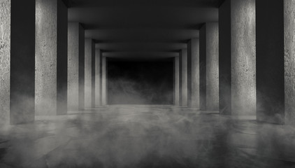 Background of an empty dark room, a corridor with columns, spotlights. Concrete floor. Neon light smoke