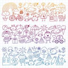 Kindergarten pattern with cute children and toys. Kids drawing style illustration
