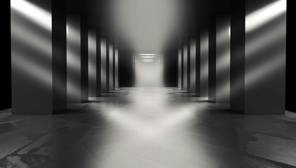 Background of an empty dark room, a corridor with columns, spotlights. Concrete floor. Neon light smoke