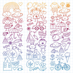 Fototapeta premium Kindergarten pattern with cute children and toys. Kids drawing style illustration
