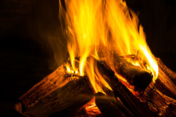 Warm orange light of a cozy log fire outdoor