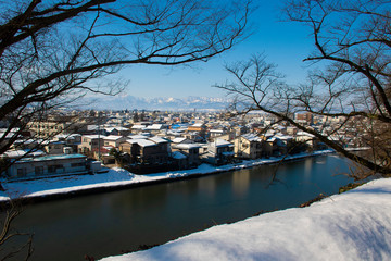Aerial view landscape of Fukushima city during winter time in Japan.