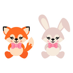 cartoon cute bunny and fox with tie sits vector