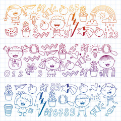 School kindergarten children. Play, learn and grow. Education and games. Cool boys and girls vector illustration.