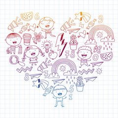 Obraz premium School kindergarten children. Play, learn and grow. Education and games. Cool boys and girls vector illustration.
