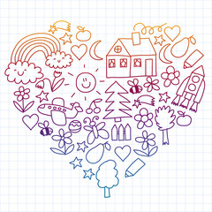 Fototapeta premium Children drawing. Colorful vector pattern with toys, space, planet