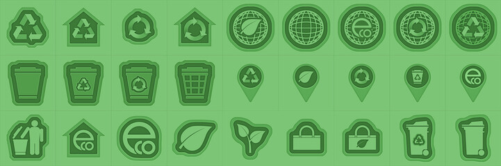 eco, bag, pointer, earth, leaf, house, trash can.set sign. Size 1024x1024. Modern origami style. Raster illustration