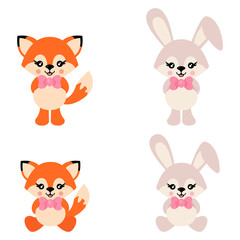 cartoon cute bunny and fox sits vector 