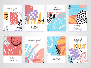 Abstract colorful collage backgrounds set. Hand drawn templates for card, flyer and invitation design. Vector illustration.