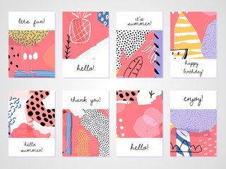 Abstract colorful collage backgrounds set. Hand drawn templates for card, flyer and invitation design. Vector illustration.