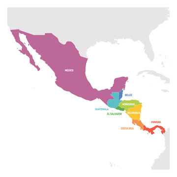 Central America Region. Colorful map of countries in central part of America. Vector illustration