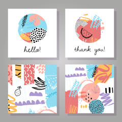 Abstract colorful backgrounds set. Hand drawn templates for card, flyer and invitation design. Vector illustration. Hello and thank you lettering.