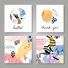 Abstract colorful backgrounds set. Hand drawn templates for card, flyer and invitation design. Vector illustration. Hello and thank you lettering.