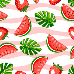 Seamless pattern with strawberry and watermelon.