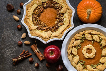 Obraz na płótnie Canvas pumpkin pie with nuts, pumpkin seeds and Apple on dark background