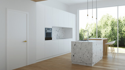 Modern house interior. Interior with white walls and white kitchen. 3D rendering.